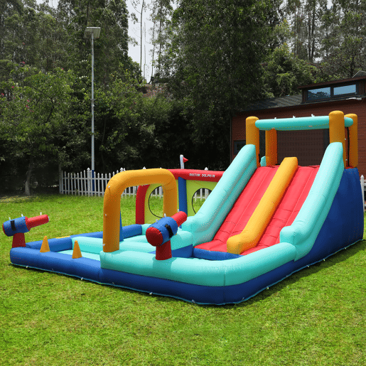Castelo insuflável com ventilador - Parque aquático exterior multifuncional com escorregas duplos, parede de escalada, pistola de água, fonte e postes de boxe - Azul