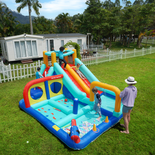 Castelo insuflável com ventilador - Parque aquático exterior multifuncional com escorregas duplos, parede de escalada, pistola de água, fonte e postes de boxe - Azul