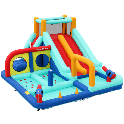 Castelo insuflável com ventilador - Parque aquático exterior multifuncional com escorregas duplos, parede de escalada, pistola de água, fonte e postes de boxe - Azul