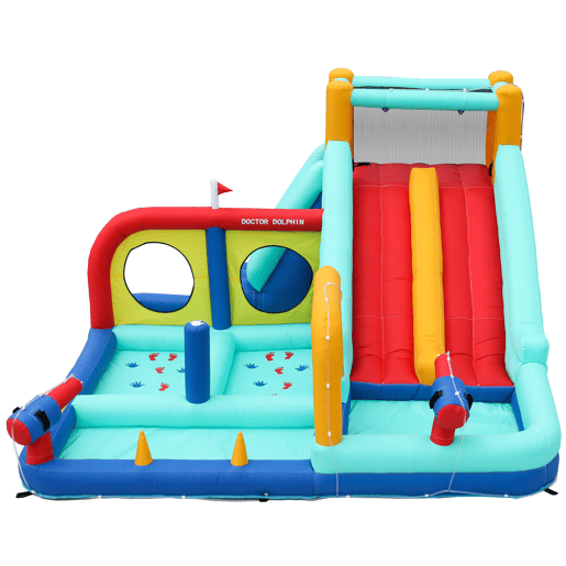 Castelo insuflável com ventilador - Parque aquático exterior multifuncional com escorregas duplos, parede de escalada, pistola de água, fonte e postes de boxe - Azul