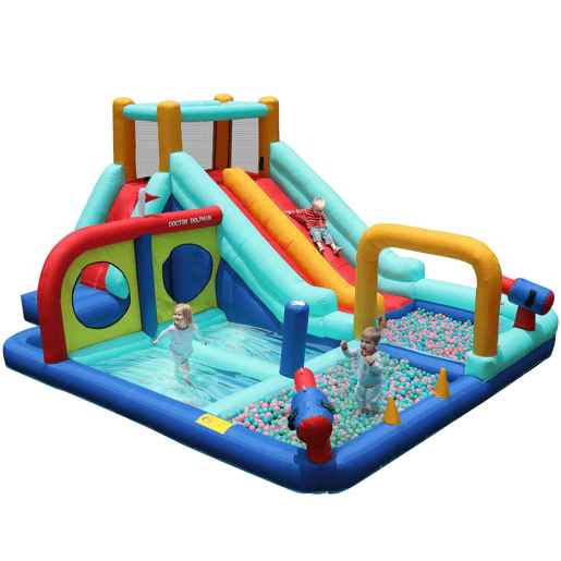 Castelo insuflável com ventilador - Parque aquático exterior multifuncional com escorregas duplos, parede de escalada, pistola de água, fonte e postes de boxe - Azul
