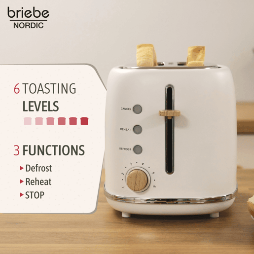 Briebe TA1166WHT Nordic Torradeira Ranhura Larga 2 Fatias, 6 Níveis de tostagem, Grelha de Aquecimento, Descongelação, 870, Branco