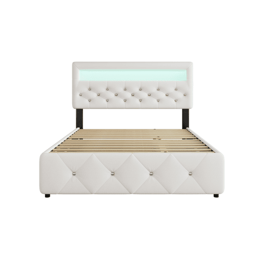 Cama estofada 140x200cm (90x190cm) - Cama de casal, cama com plataforma, com gaveta e 2 gavetas, mesa de cabeceira com luz LED, Branca