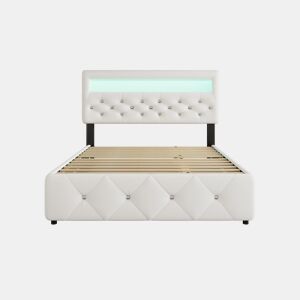 Cama estofada 140x200cm (90x190cm) - Cama de casal, cama com plataforma, com gaveta e 2 gavetas, mesa de cabeceira com luz LED, Branca