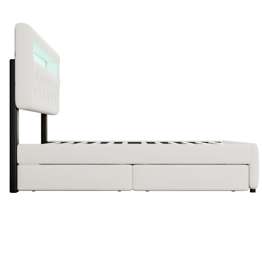 Cama estofada 140x200cm (90x190cm) - Cama de casal, cama com plataforma, com gaveta e 2 gavetas, mesa de cabeceira com luz LED, Branca