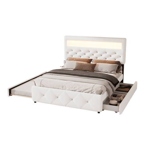 Cama estofada 140x200cm (90x190cm) - Cama de casal, cama com plataforma, com gaveta e 2 gavetas, mesa de cabeceira com luz LED, Branca
