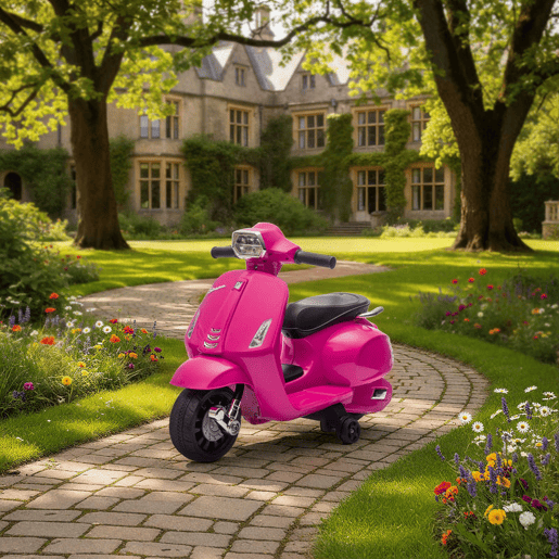 AIYAPLAY Moto Elétrica Infantil 6V com Licença Vespa, Com Rodas Auxiliares de 6,9'', Velocidade de 2,5 kmh, Faróis e Buzina, para Crianças de 2-4 Anos, Rosa