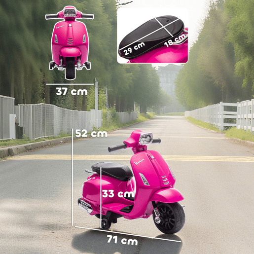 AIYAPLAY Moto Elétrica Infantil 6V com Licença Vespa, Com Rodas Auxiliares de 6,9'', Velocidade de 2,5 kmh, Faróis e Buzina, para Crianças de 2-4 Anos, Rosa