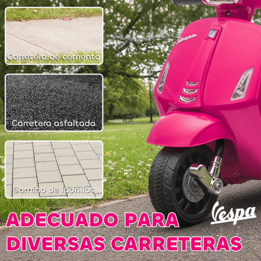 AIYAPLAY Moto Elétrica Infantil 6V com Licença Vespa, Com Rodas Auxiliares de 6,9'', Velocidade de 2,5 kmh, Faróis e Buzina, para Crianças de 2-4 Anos, Rosa