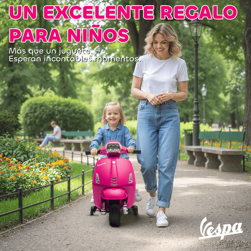 AIYAPLAY Moto Elétrica Infantil 6V com Licença Vespa, Com Rodas Auxiliares de 6,9'', Velocidade de 2,5 kmh, Faróis e Buzina, para Crianças de 2-4 Anos, Rosa