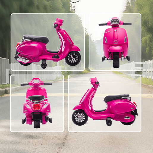 AIYAPLAY Moto Elétrica Infantil 6V com Licença Vespa, Com Rodas Auxiliares de 6,9'', Velocidade de 2,5 kmh, Faróis e Buzina, para Crianças de 2-4 Anos, Rosa