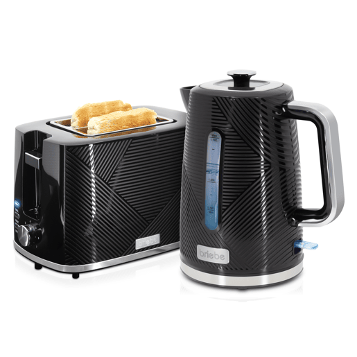 Briebe SKT1170BLK Elegance Conjunto de Torradeira de Pão com Fenda Larga, 2 Fatias + Chaleira Elétrica 1,7L sem Fio, sem BPA, 2200, Preto
