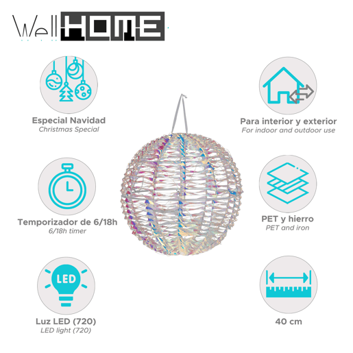 Bola metálica luminosa com 720 micro LEDs, luzes de design torcidas