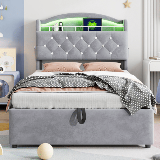Cama infantil 90x200 - Cama multifuncional com arrumação, LED e USB - Cinza