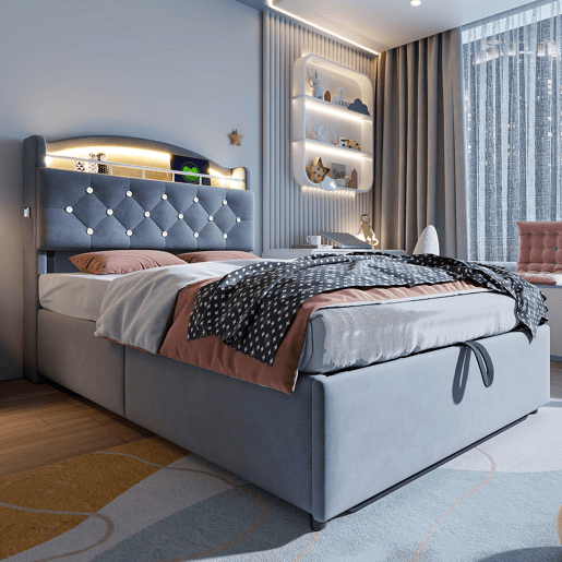 Cama infantil 90x200 - Cama multifuncional com arrumação, LED e USB - Cinza