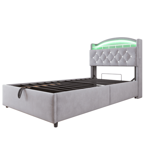 Cama infantil 90x200 - Cama multifuncional com arrumação, LED e USB - Cinza
