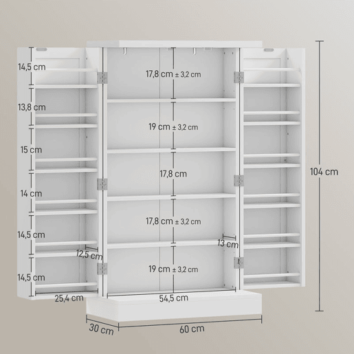 HOMCOM Armário de Cozinha Armário Despensa Cozinha com 2 Portas 16 Prateleiras Aparador Moderno com Prateleiras Ajustáveis para Sala de Jantar Sala 60x30x104 cm Branco