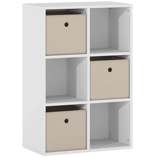 HOMCOM Estante Cubo Moderna Estante de Armazenamento Horizontal ou Vertical com 6 Compartimentos Abertos e 3 Gavetas de Tecido para Sala de Estar Quarto Escritório 53,7x30x79,8 cm Branco e Bege