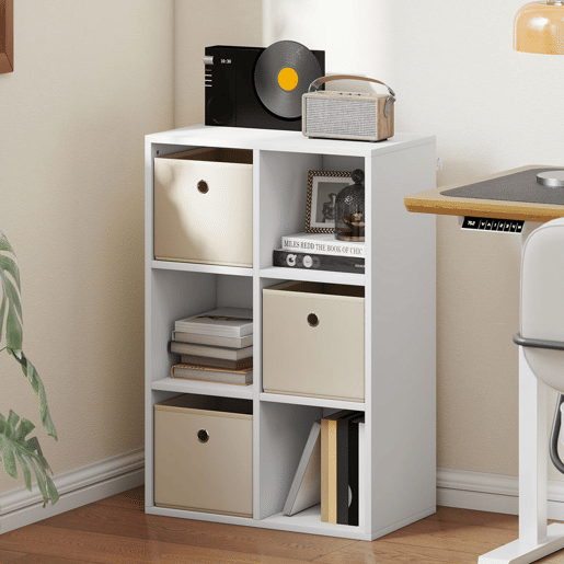 HOMCOM Estante Cubo Moderna Estante de Armazenamento Horizontal ou Vertical com 6 Compartimentos Abertos e 3 Gavetas de Tecido para Sala de Estar Quarto Escritório 53,7x30x79,8 cm Branco e Bege