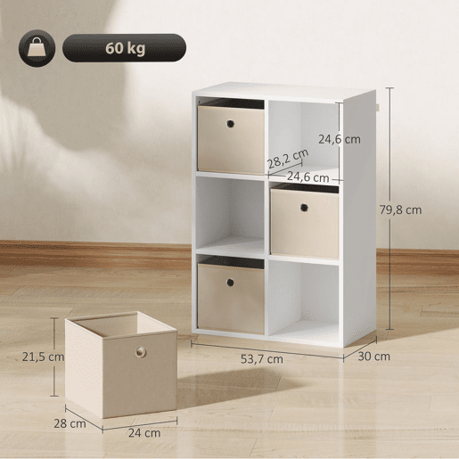 HOMCOM Estante Cubo Moderna Estante de Armazenamento Horizontal ou Vertical com 6 Compartimentos Abertos e 3 Gavetas de Tecido para Sala de Estar Quarto Escritório 53,7x30x79,8 cm Branco e Bege