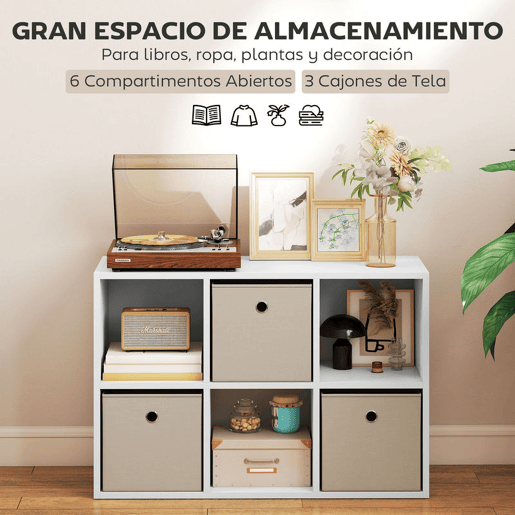 HOMCOM Estante Cubo Moderna Estante de Armazenamento Horizontal ou Vertical com 6 Compartimentos Abertos e 3 Gavetas de Tecido para Sala de Estar Quarto Escritório 53,7x30x79,8 cm Branco e Bege