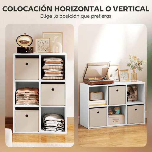 HOMCOM Estante Cubo Moderna Estante de Armazenamento Horizontal ou Vertical com 6 Compartimentos Abertos e 3 Gavetas de Tecido para Sala de Estar Quarto Escritório 53,7x30x79,8 cm Branco e Bege