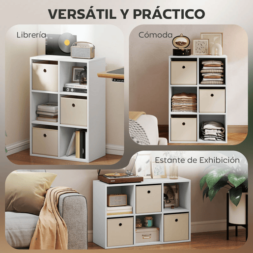 HOMCOM Estante Cubo Moderna Estante de Armazenamento Horizontal ou Vertical com 6 Compartimentos Abertos e 3 Gavetas de Tecido para Sala de Estar Quarto Escritório 53,7x30x79,8 cm Branco e Bege