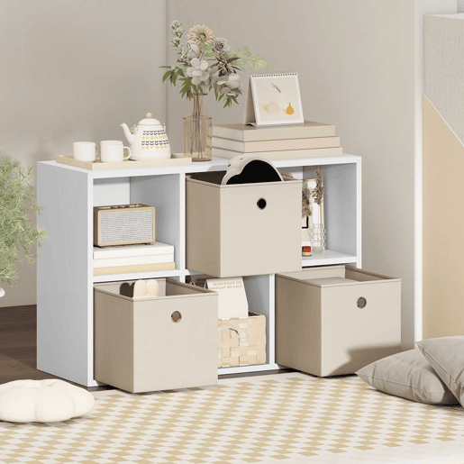 HOMCOM Estante Cubo Moderna Estante de Armazenamento Horizontal ou Vertical com 6 Compartimentos Abertos e 3 Gavetas de Tecido para Sala de Estar Quarto Escritório 53,7x30x79,8 cm Branco e Bege