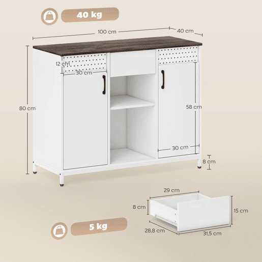 HOMCOM Aparador com 2 Portas e Painel Suspenso, Aparador para Sala de Estar 100x40x80 cm, com Gaveta, Compartimentos Abertos, Prateleiras Ajustáveis, para Cozinha, Entrada, Escritório, Branco