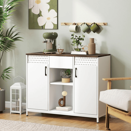 HOMCOM Aparador com 2 Portas e Painel Suspenso, Aparador para Sala de Estar 100x40x80 cm, com Gaveta, Compartimentos Abertos, Prateleiras Ajustáveis, para Cozinha, Entrada, Escritório, Branco