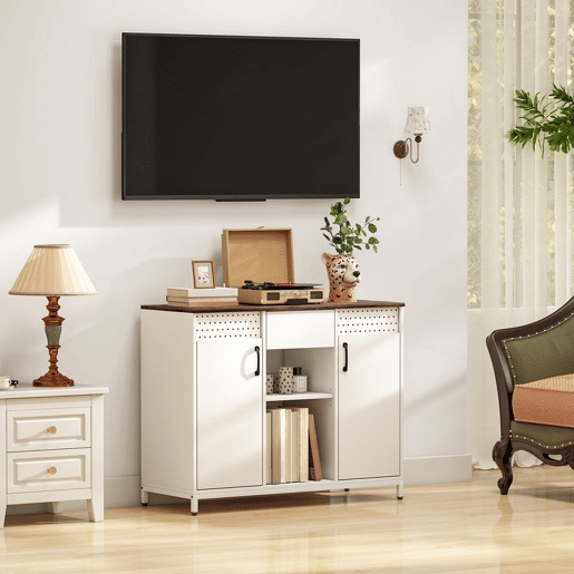 HOMCOM Aparador com 2 Portas e Painel Suspenso, Aparador para Sala de Estar 100x40x80 cm, com Gaveta, Compartimentos Abertos, Prateleiras Ajustáveis, para Cozinha, Entrada, Escritório, Branco