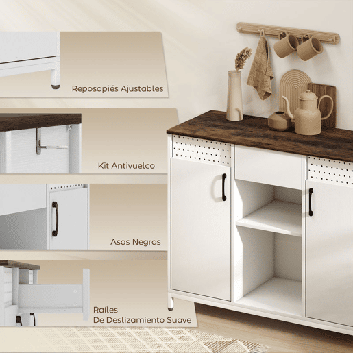 HOMCOM Aparador com 2 Portas e Painel Suspenso, Aparador para Sala de Estar 100x40x80 cm, com Gaveta, Compartimentos Abertos, Prateleiras Ajustáveis, para Cozinha, Entrada, Escritório, Branco