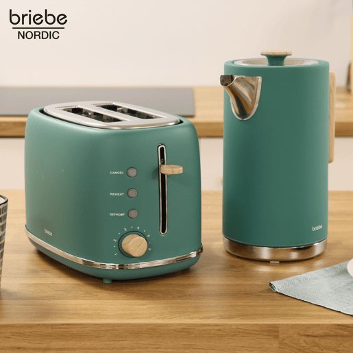 Briebe SKT1167GRE Nordic Conjunto de Torradeira de Pão com Fenda Larga, 2 Fatias + Chaleira Elétrica 1,7L sem Fio, sem BPA, 2200, Verde