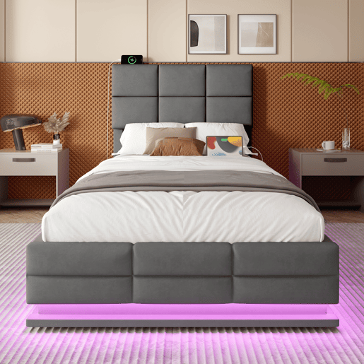 Cama estofada 90x200 cm - Cabeceira ajustável, portas USBType-C, iluminação LED, sistema hidráulico e armazenamento XXL - Cinza