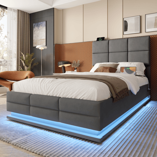 Cama estofada 90x200 cm - Cabeceira ajustável, portas USBType-C, iluminação LED, sistema hidráulico e armazenamento XXL - Cinza