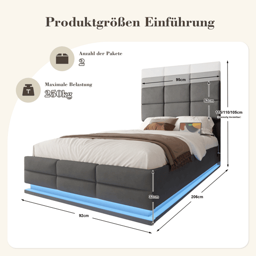 Cama estofada 90x200 cm - Cabeceira ajustável, portas USBType-C, iluminação LED, sistema hidráulico e armazenamento XXL - Cinza