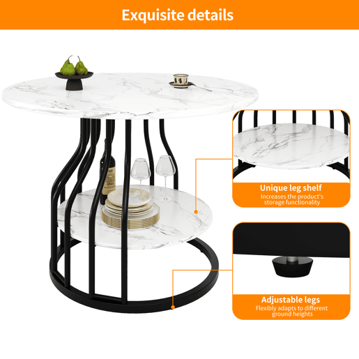 Mesa redonda 80x80 cm - Mesa de jantar com arrumação - MDF mármore, pernas pretas