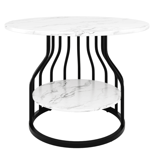 Mesa redonda 80x80 cm - Mesa de jantar com arrumação - MDF mármore, pernas pretas