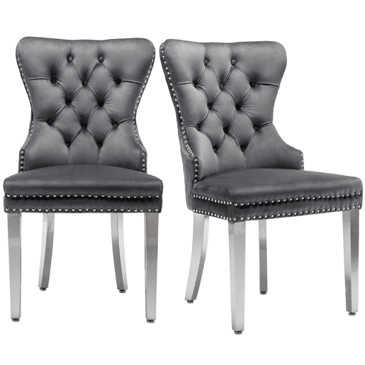 Cadeira de jantar 2 St - Cadeira estofada com tachas, encosto com design de pomo, pernas metálicas, assento de veludo - Cinza