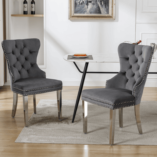 Cadeira de jantar 2 St - Cadeira estofada com tachas, encosto com design de pomo, pernas metálicas, assento de veludo - Cinza