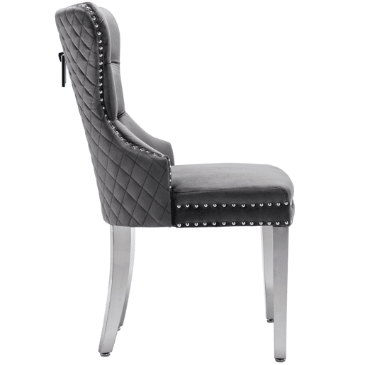 Cadeira de jantar 2 St - Cadeira estofada com tachas, encosto com design de pomo, pernas metálicas, assento de veludo - Cinza
