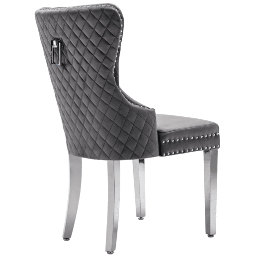 Cadeira de jantar 2 St - Cadeira estofada com tachas, encosto com design de pomo, pernas metálicas, assento de veludo - Cinza
