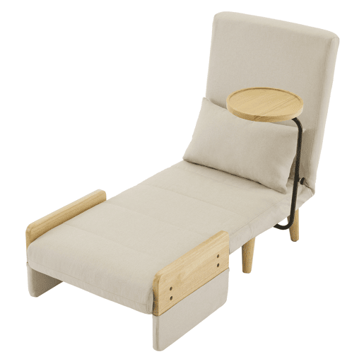 Poltrona 3 em 1 - Função cama, com bandeja de madeira, poltrona reclinável, assento acolchoado - Bege