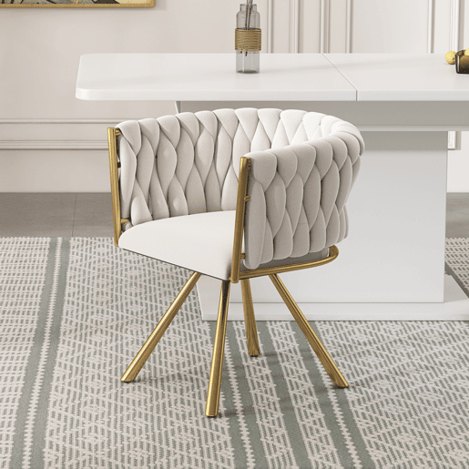 Cadeira de jantar individual - Poltrona giratória de luxo para sala e quarto - Bege e dourado