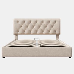 Cama de casal 160x200 - Polsterbett hidráulica com cabeceira ajustável e arrumação - Natural