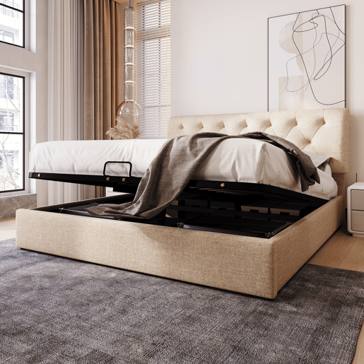 Cama de casal 160x200 - Polsterbett hidráulica com cabeceira ajustável e arrumação - Natural