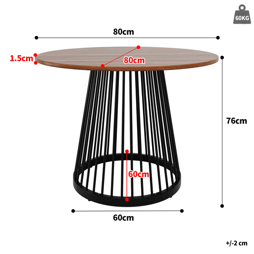 Mesa redonda 80x80x76 cm - Mesa de cozinha, mesa de café para 4 pessoas, com pernas de metal e tampo em MDF cor nogueira - Preto+Nogueira