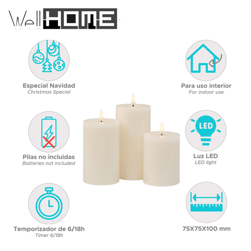 Conjunto de 3 velas de cera LED com função temporizador
