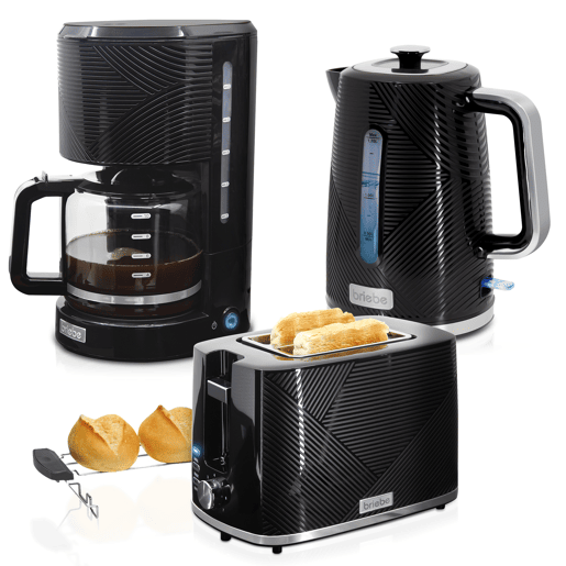 Briebe SKT1178BLK Elegance Conjunto de Torradeira de Pão 2 Fatias + Chaleira Elétrica 1,7L + Máquina de Café Filtro 10 Chávenas, , Preto