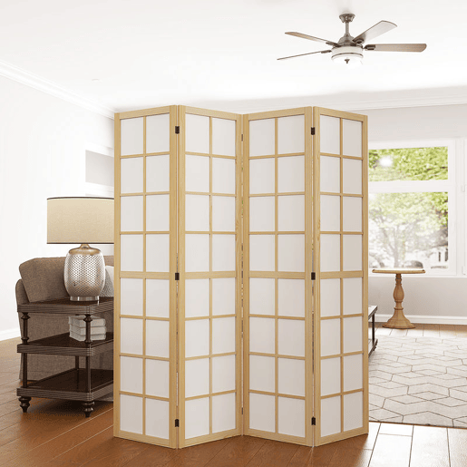 HOMCOM Biombo Dobrável de 4 Painéis Ecrã de Privacidade Separador de Ambientes de Interior para Sala de Estar Dormitório e Escritório 160x170 cm Madeira e Branco